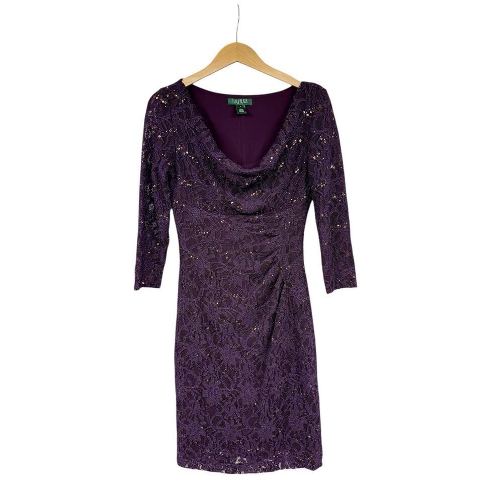 Lauren Ralph Lauren Purple Lace Drape‎ Neck Cocktail Dress Womens Size 4